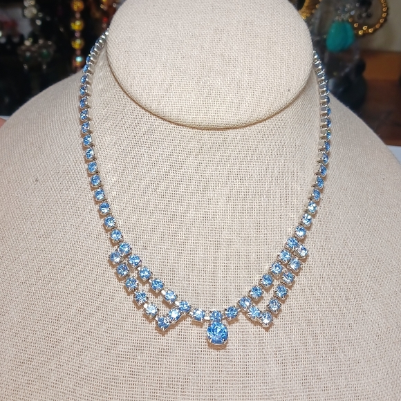 Vintage Choker Light Blue Rhinestone Statement Necklace Fish Hook 14" inch - Picture 2 of 3